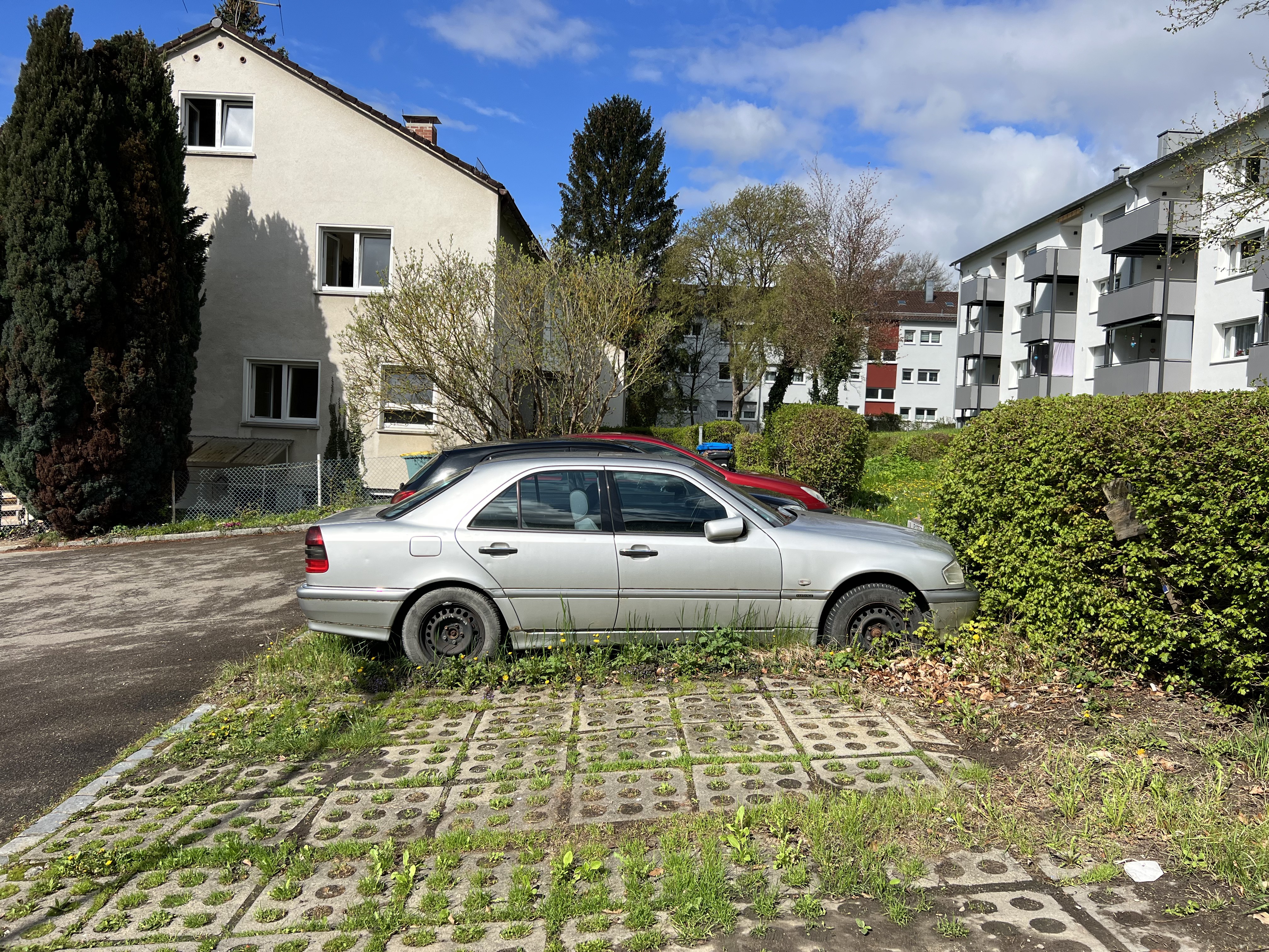 An old car sitting in a parking spot that is being overgrown by plants